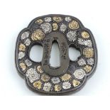 A bronze tsuba, decorated with chrysanthemum, H. 7cm.