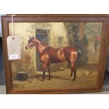 Victorian School, thoroughbred horse tethered outside stable, oil on canvas, bears monogram.