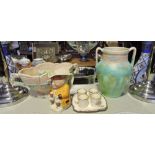 A collection of 1930s and later pottery including an Arthur Wood oval brick bodied bowl,