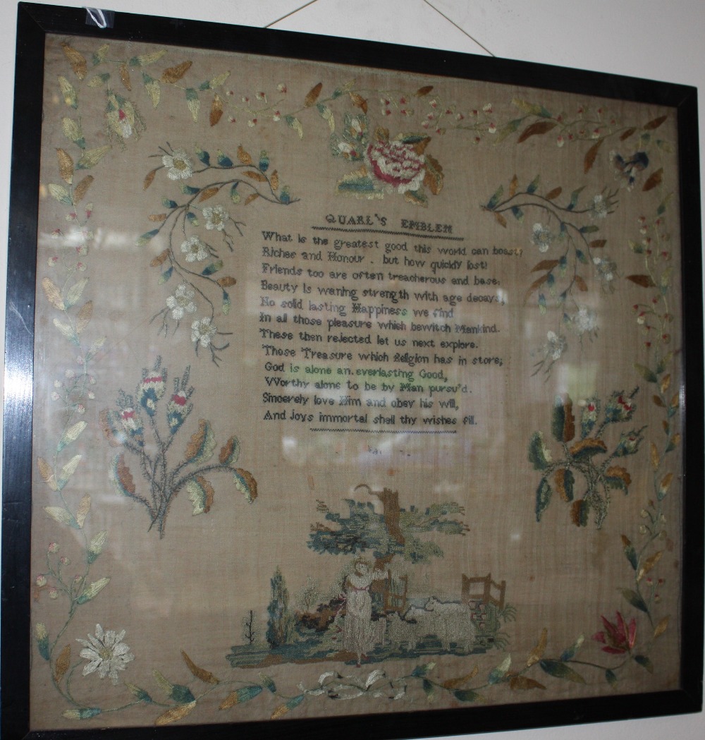 A Victorian polychrome embroidered sampler worked with quarls emblem verse,