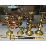 A Victorian copper and brass spirit kettle, two pairs of brass candlesticks,