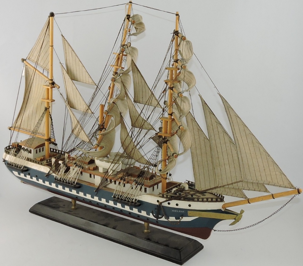 A model of the French three masted barque 'Belem', shown post 1914 refit to include twin screws, L.