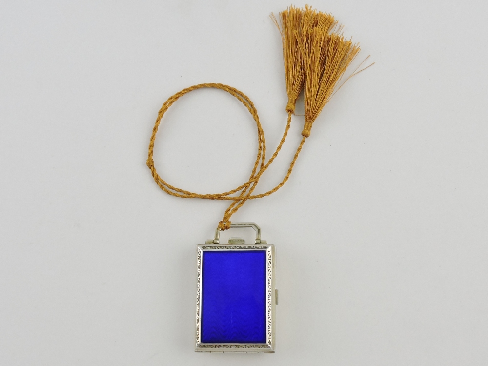 An early 20th Century French blue enamel silver ladies compact of case form,