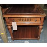 A pair of reproduction rectangular walnut lamp tables each fitted single drawers on legs with