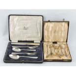 A cased George V silver five piece flatware christening set together with a set of six cased