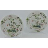 A pair of famille rose plates,each decorated with a bird in a flowering garden, D. 17.5cm.