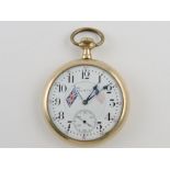 An Elgin gold-plated open face pocket watch, with British and US flags on the ceramic dial,
