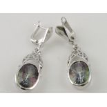 A pair of hardstone drop earrings, the white metal mounts stamped 925, 10g.