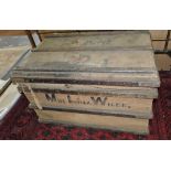 A large Victorian canvas covered wood bound travelling trunk,