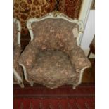 A pair of Louis XV style salon open armchair, having gilt frame and floral upholstered.