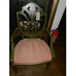 A green painted shield back dinning chair, upholstered in a pink velvet.