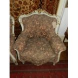 A pair of Louis XV style salon open armchair, having gilt frame and floral upholstered.