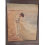 20th century Continental school, study of a lady on a beach, oil on canvas, unsigned. H.53.5cm W.