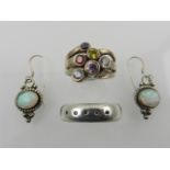 A pair of silver and opalite earrings, together with a silver ring set with small diamonds,
