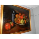 20th century Continental school, a still-life study of fruit, oil on board, signed lower right.