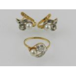 A yellow metal, pearl, and white sapphire set ring, together with a pair of matching earrings.