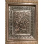 A Persian white metal study of flora and fauna, within an ornately inlaid frame. H.29cm W.