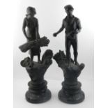 A pair of Russian spelter figures of a man and woman harvesting, raised on ebonised base. H.48cm