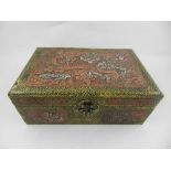 A Chinese faux shagreen box, having brass inset plaques decorated with dragons.
