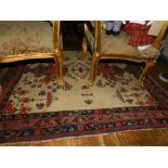 A Caucasian cream ground rug, having floral decoration with stylised flowers to centre,