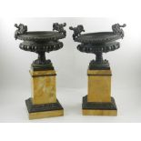 A pair of 19th century French bronze tazzas, raised on square marble and bronze base. H.