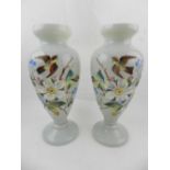 A pair of Victorian opaline glass vases, decorated with flowers and birds. H: 25.