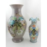 A Victorian purple opaline glass baluster vase, painted with flowers, H: 40cm,