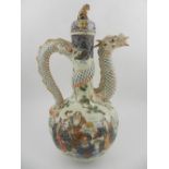 A Japanese porcelain Kendi in the satsuma taste, having dragon handle and spout, decorated with