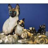 A Jenny Winstanley figure of a Siamese cat, H. 29cm; together with five others by the same artist.