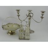 A silver plated three branch candelabra in the Adams style, H.