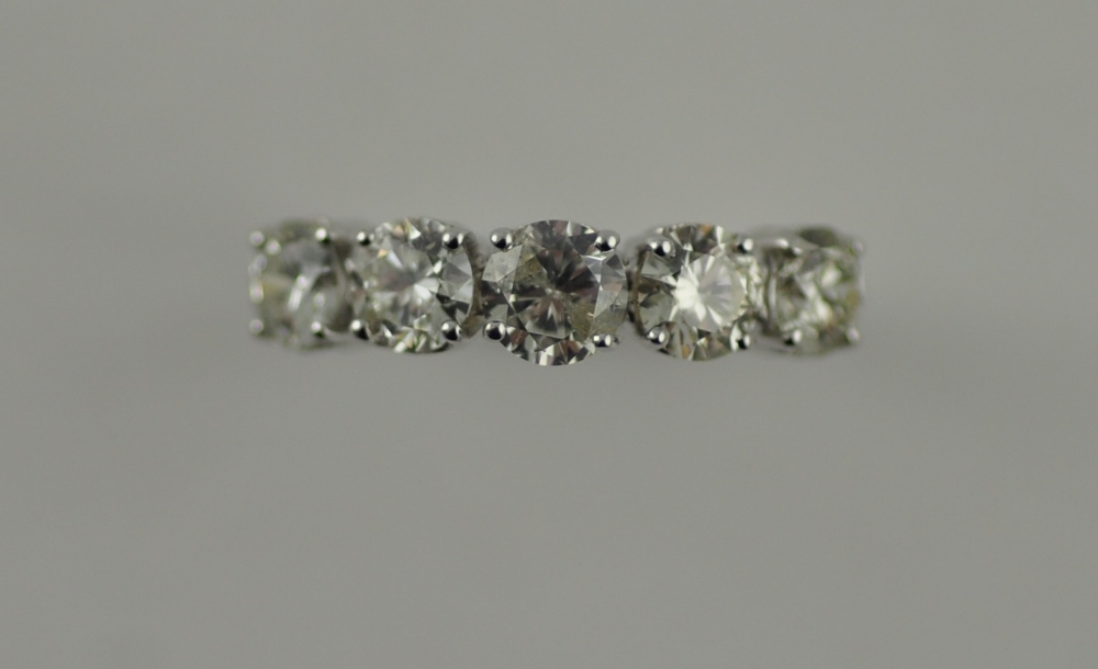 An 18ct white gold large five stone diamond ring, total 1.8ct.