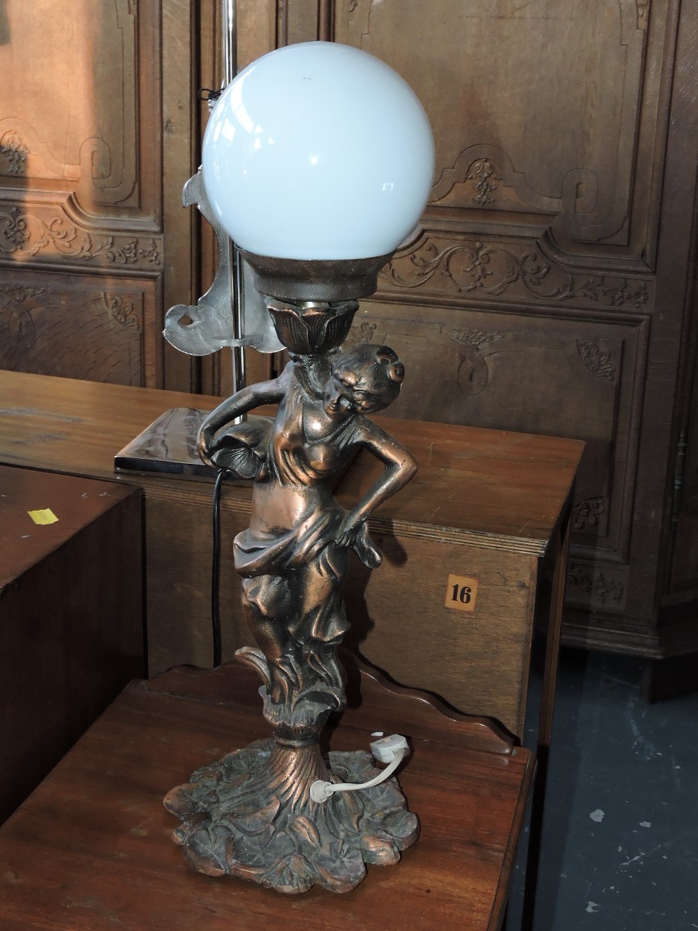 A large Art Deco style ornately cast bronzed Grecian water bearing maiden table lamp,