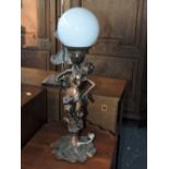 A large Art Deco style ornately cast bronzed Grecian water bearing maiden table lamp,