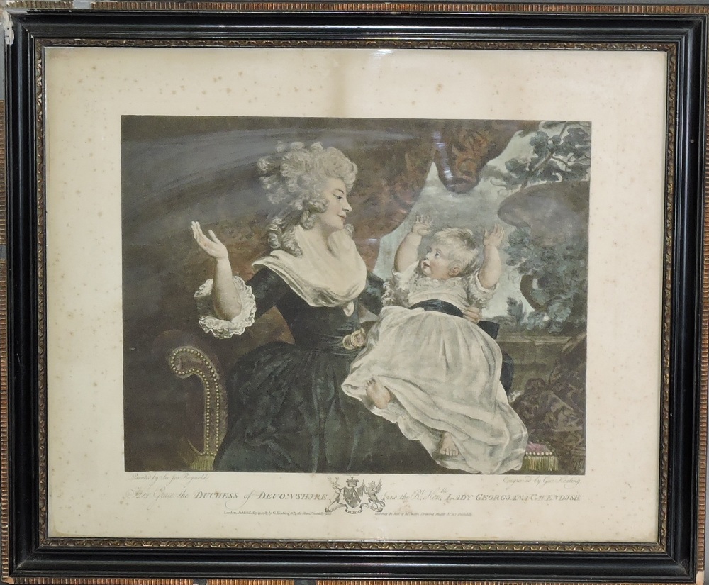 After Sir Joshua Reynolds Dutchess of Devonshire, coloured engraving, 30 x 40cm.
