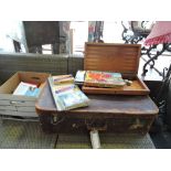 A vintage tan leather suitcase, backgammon set, vintage toys and sundries.