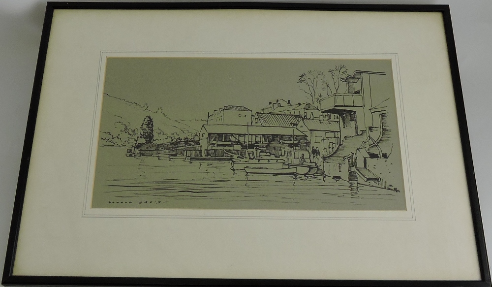 Donald Greig, R.S.M.A. (British, b.1916) Quayside, Dornoms Boatshed, ink on paper, 18cm x 33.