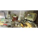 A quantity of Victorian later plated flatware, oak biscuit barrel, dish and sundries.