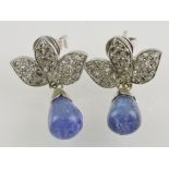 A pair of blue gem and diamond drop earrings,