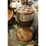 A graduated pair of circular aviator style wood bound studded aluminium drum stools with buttoned