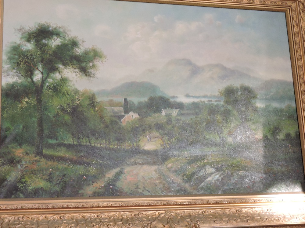 20th Century, Continental School, mountainous wooded landscape, oil on canvas, 60cm x 90cm.