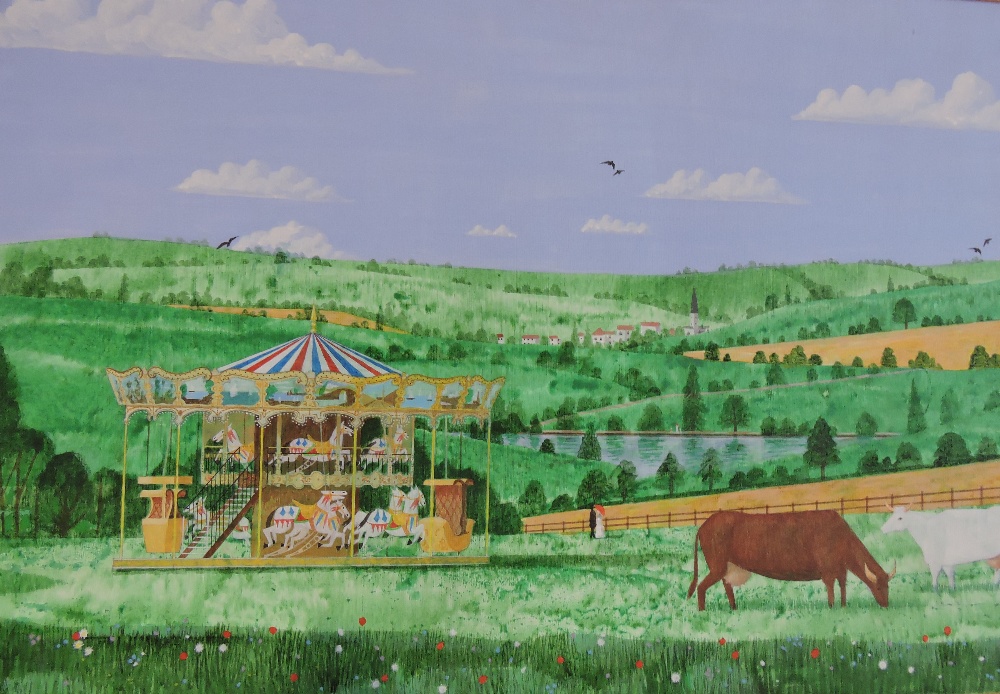 Modern British school, surreal landscape with carousel, figures and cattle grazing,