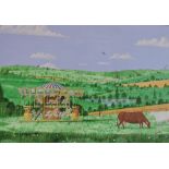 Modern British school, surreal landscape with carousel, figures and cattle grazing,