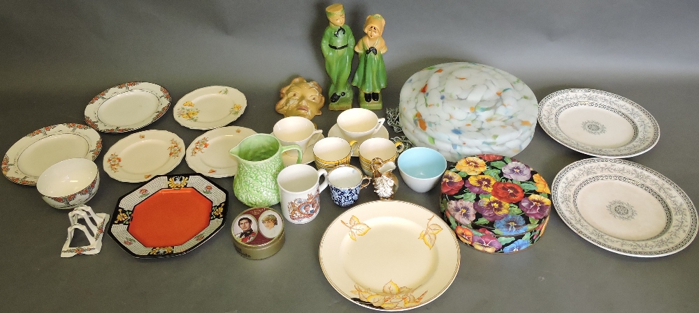 A small quantity of sundry ceramics including an Art Deco ceiling light shade, a wall mask,