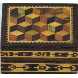 A Tunbridge ware stamp box with perspective cube inlay, 4cm.