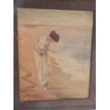 20th century Continental school, study of a lady on a beach, oil on canvas, unsigned. H.53.5cm W.43.