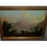 Late 19th / early 20th century Continental school, a mountainous lake scene, oil on canvas, H: