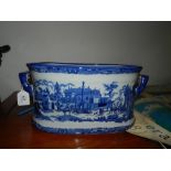 A blue and white twin-handled Victoria ware porcelain jardiniere, bears factory mark to base. H.