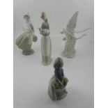 Two Lladro figural studies, together with a Nao study of herons and a Nao figural study.