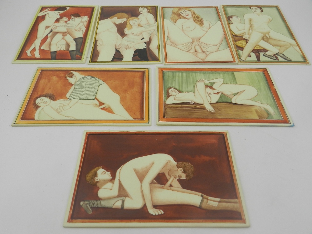 Twelve ivorine panels, painted with erotic scenes.