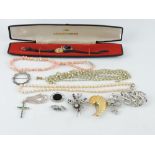 A small quantity of assorted costume jewellery including paste brooches, a coral strand necklace,
